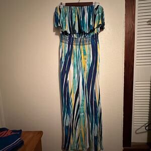 Soma Woman's Size Large Flounce Bandeau Maxi Dress Beach  Vacation Smocked Slit